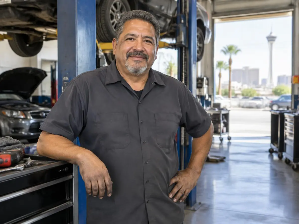 Placeholder portrait of Tony in an auto repair workshop