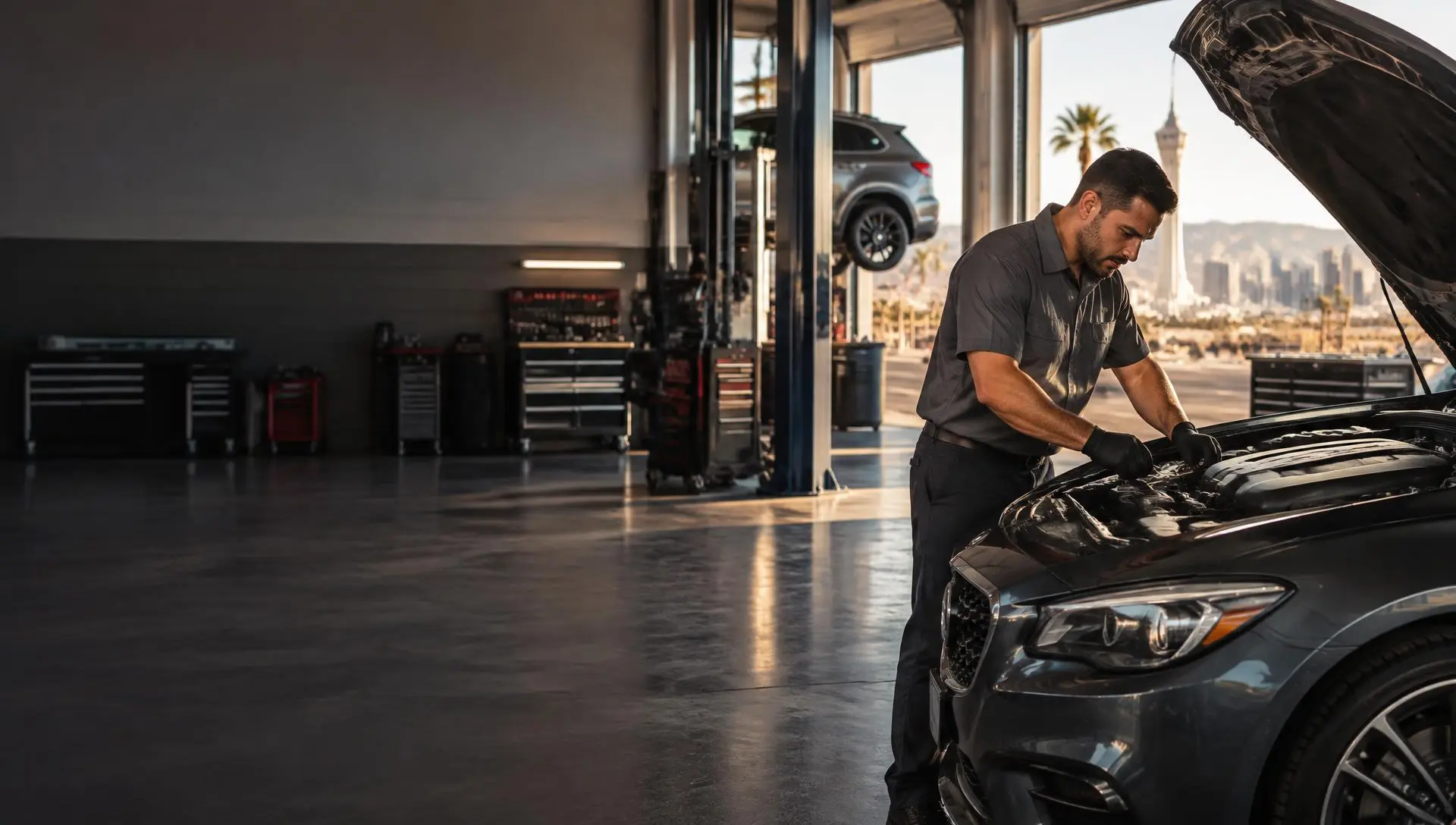 Mechanic inspecting a car in a clean Las Vegas auto repair shop